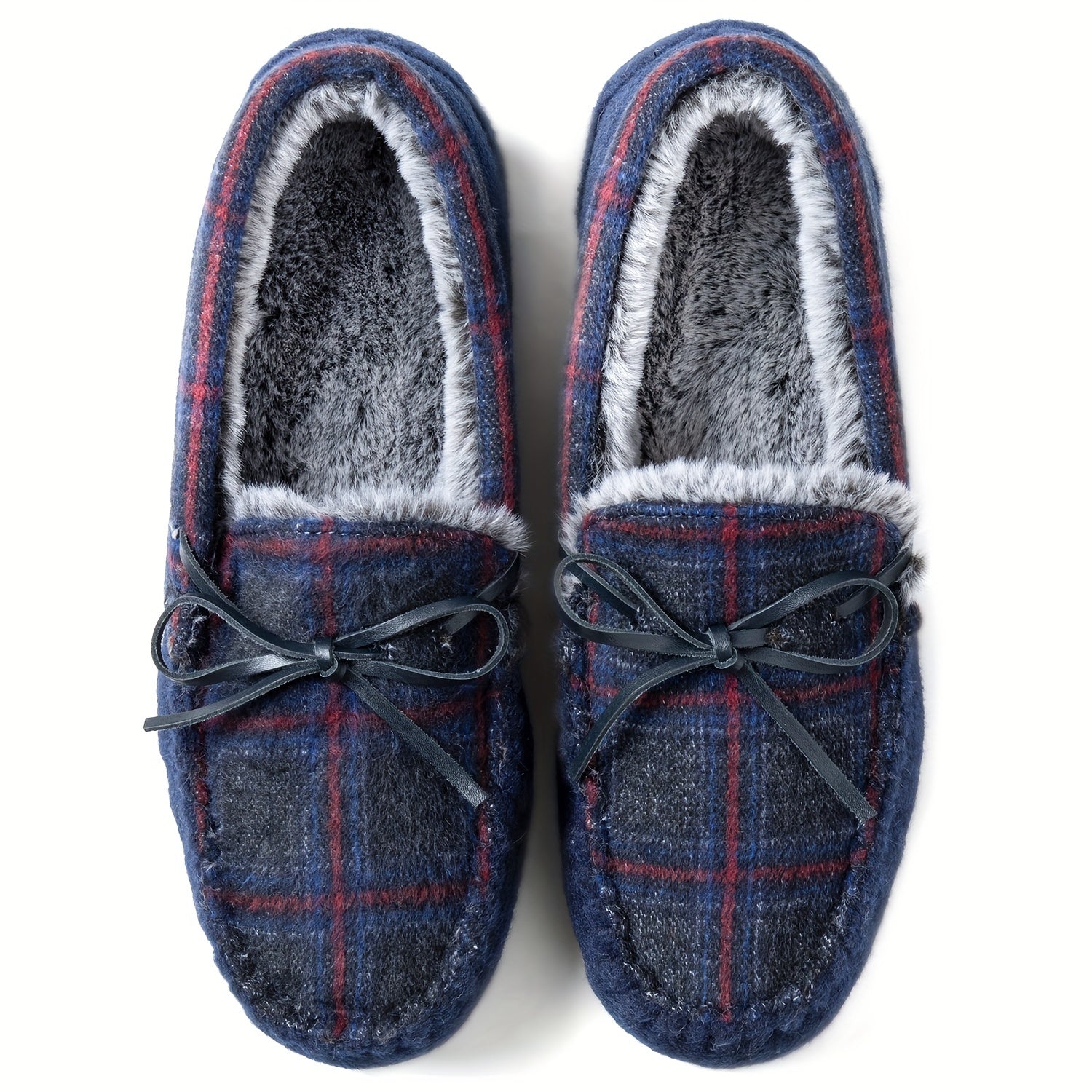 Men's Tassel Bow Tie Plaid Loafers With Fleece