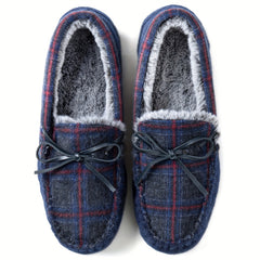 Men's Tassel Bow Tie Plaid Loafers With Fleece