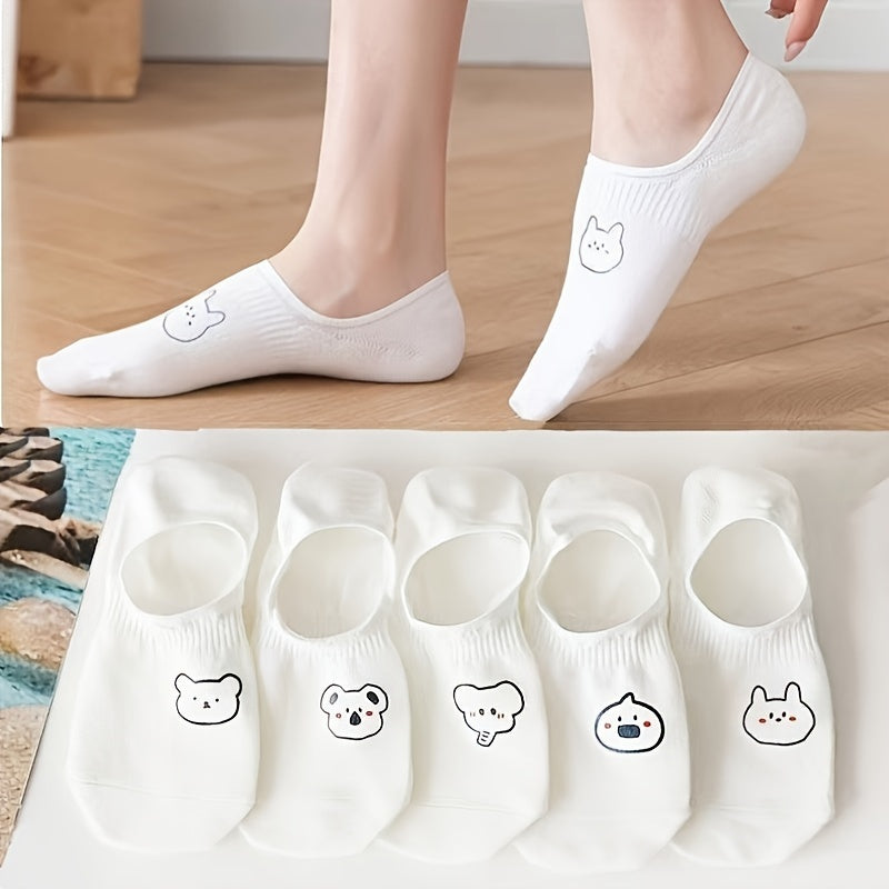 5 Pairs Cartoon Print Low Cut Ankle Socks Soft Lightweight Summer Hosiery