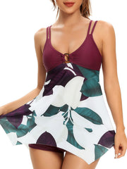 Botanical Print Tankini Set Double Strings Swimsuit