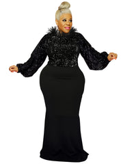 Contrast Sequin Fuzzy Decor Neck Long Sleeve Mermaid Dress