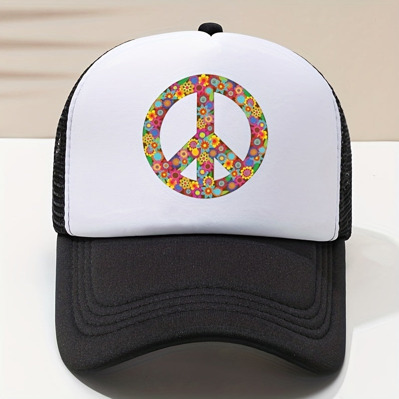 Peace Sign Print Baseball Cap Breathable Trucker Hat Adjustable Sun Hats