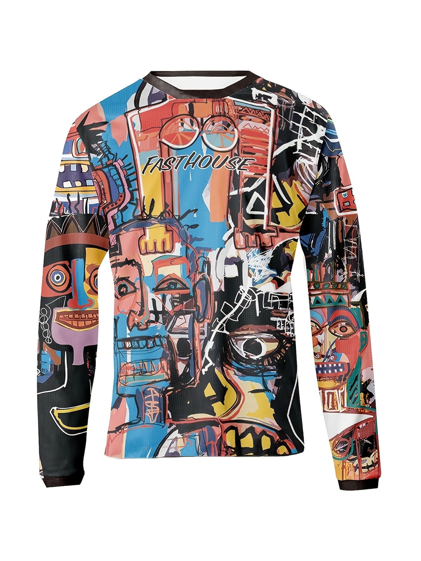 Men's Crew Collar Sports Long Sleeve T-shirt with Creative Graffiti Print