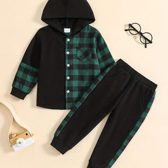 Toddler Boy's Hooded Shirt & Sweatpants Set Plaid Casual Outfits