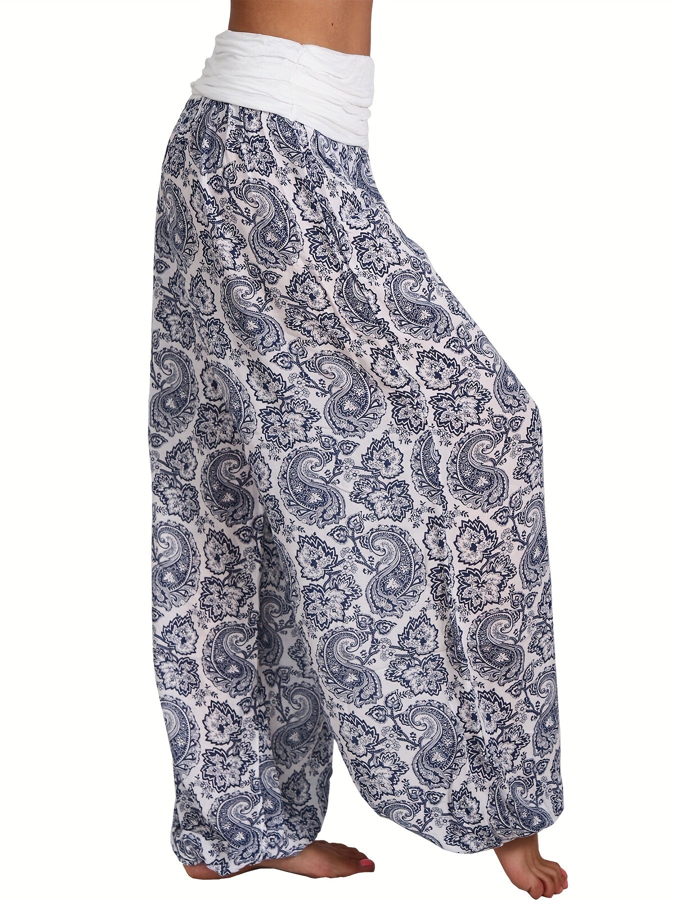Boho Paisley Print Harem Pants Wide Leg Long Length