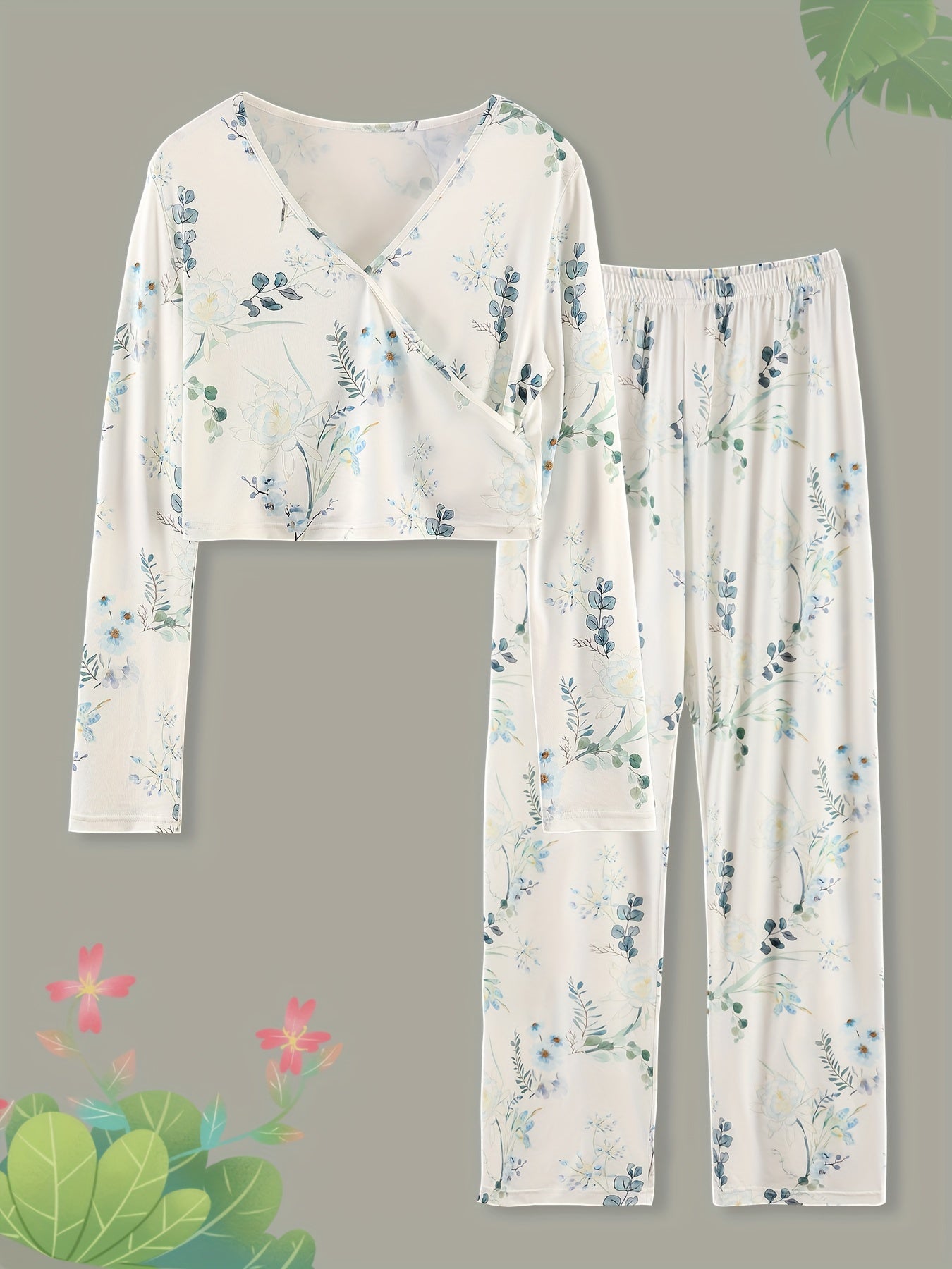 Floral Print Lounge Set Surplice Neck Top & Elastic Waist Pants