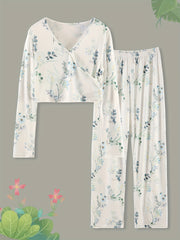 Floral Print Lounge Set Surplice Neck Top & Elastic Waist Pants