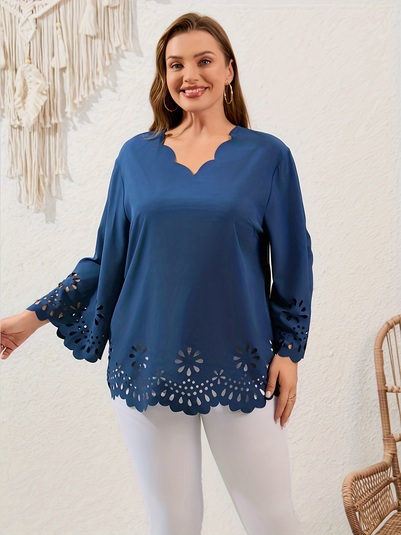 Embroidered Floral Trim V Neck Plus Size Blouse
