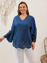 Embroidered Floral Trim V Neck Plus Size Blouse