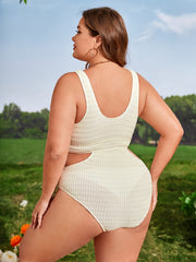 Solid Textured Cut Out V Neck One Piece Swimsuit