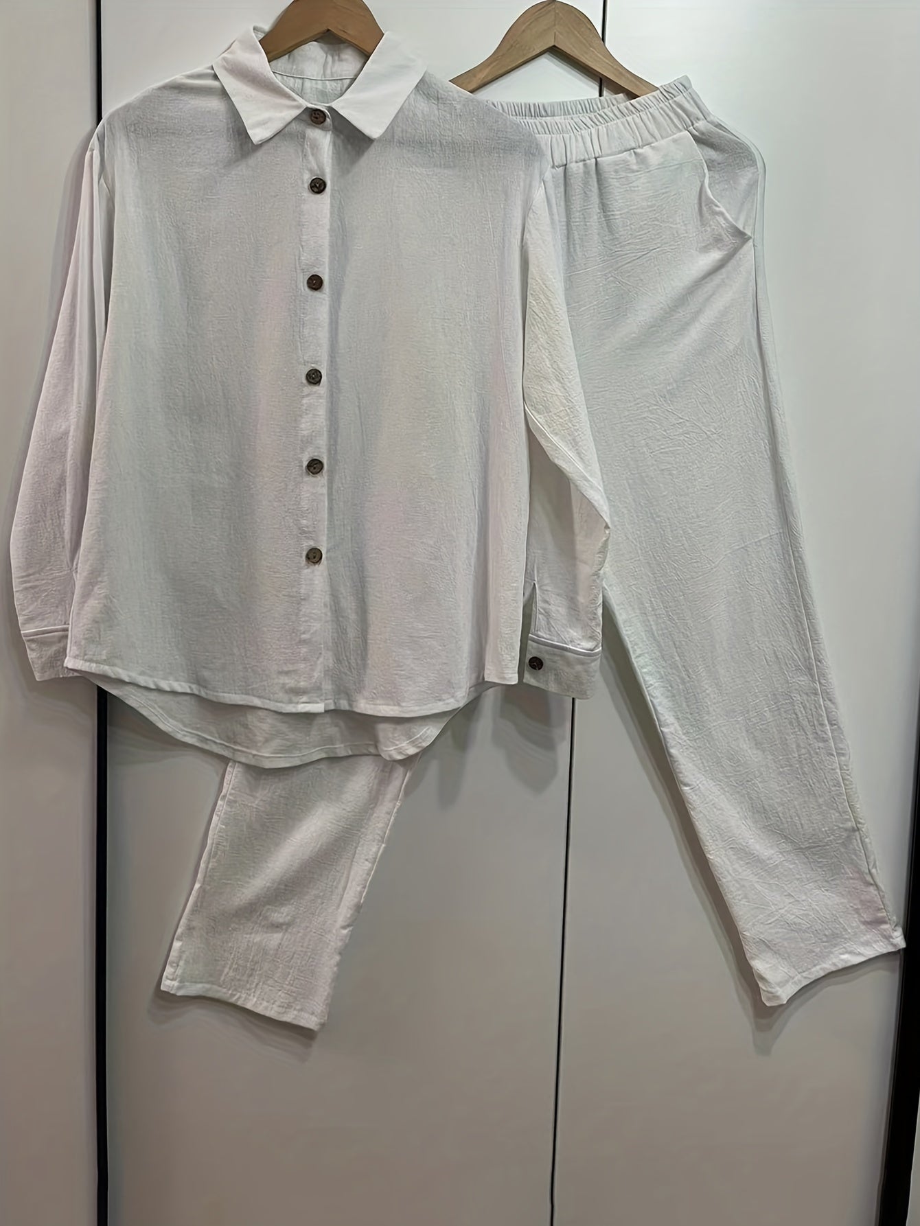 Solid Matching Two piece Set Long Sleeve Shirt & Casual Pants