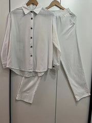 Solid Matching Two piece Set Long Sleeve Shirt & Casual Pants