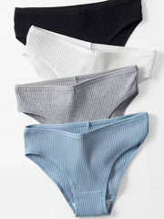 4pcs Solid Ribbed Briefs Stretchy Intimates Panties Women's Lingerie