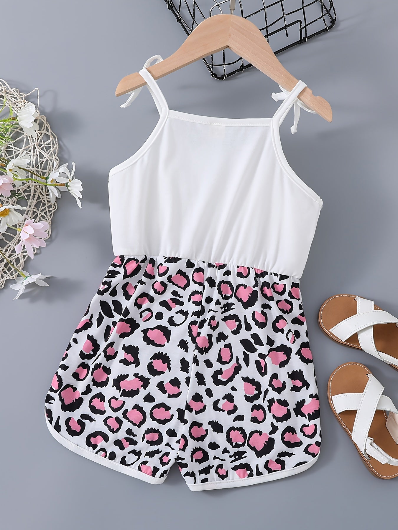 Girls Patchwork Cami Romper Bow Heart Leopard Print Jumpsuit