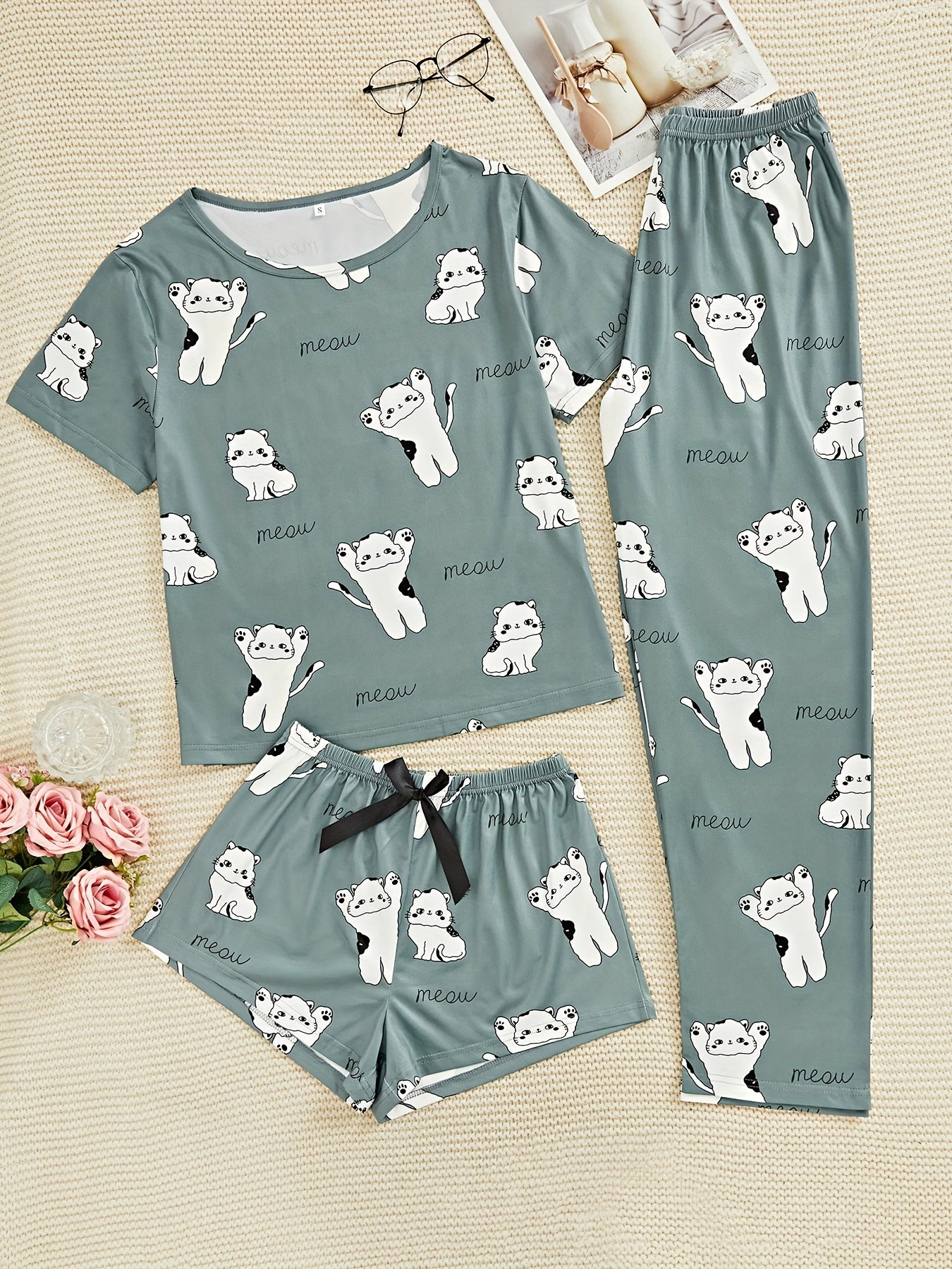 Cartoon Cat Print Pajama Set Short Sleeve Top & Shorts Women's Sleepwear