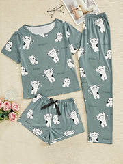 Cartoon Cat Print Pajama Set Short Sleeve Top & Shorts Women's Sleepwear