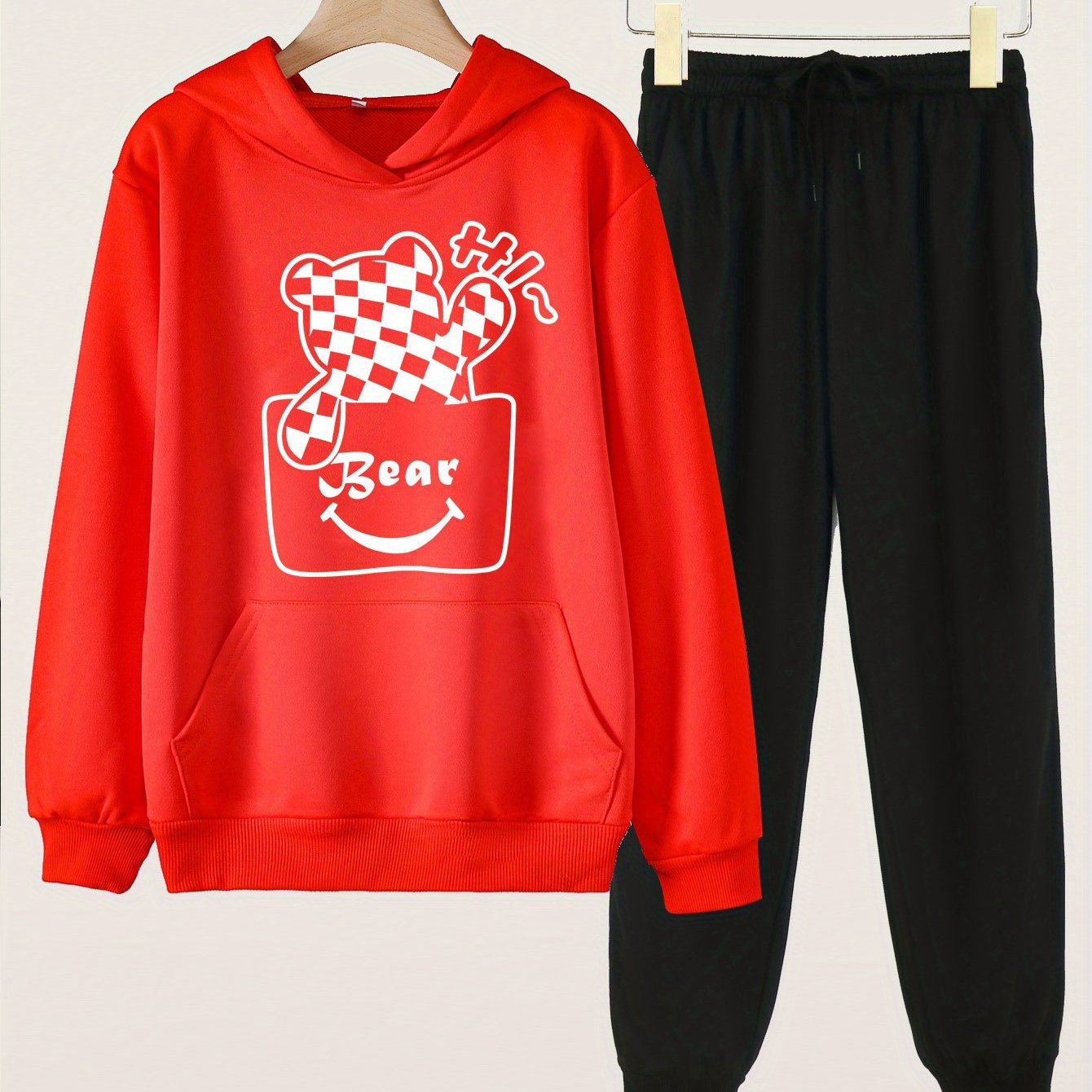 2pcs Bear Print Girls Hoodie Kids Casual Loose Hooded Sweatshirt & S