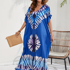 Boho Tie Dye Batwing Sleeve V Neck Maxi Cover Up Dress