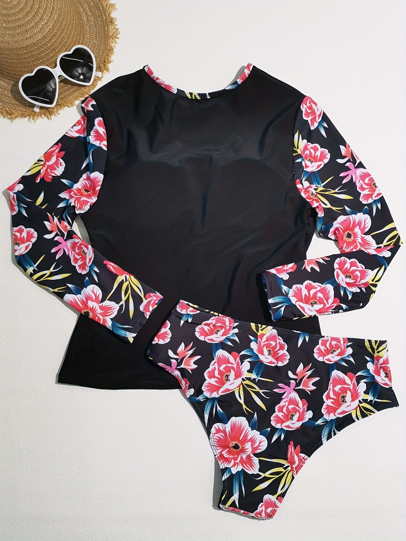 Plus Floral Print Top & Bikini Set, Long Sleeve, Modest Style