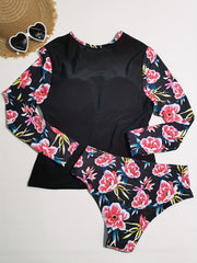 Plus Floral Print Top & Bikini Set, Long Sleeve, Modest Style