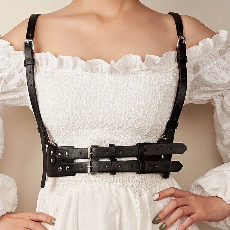 Punk Body Harness Belt PU Leather Double Pin Buckle Waistband