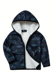 Boys Thick Hooded Sweatshirt Coat Kids Print Zip Up Outdoor Casual Warm Jacket