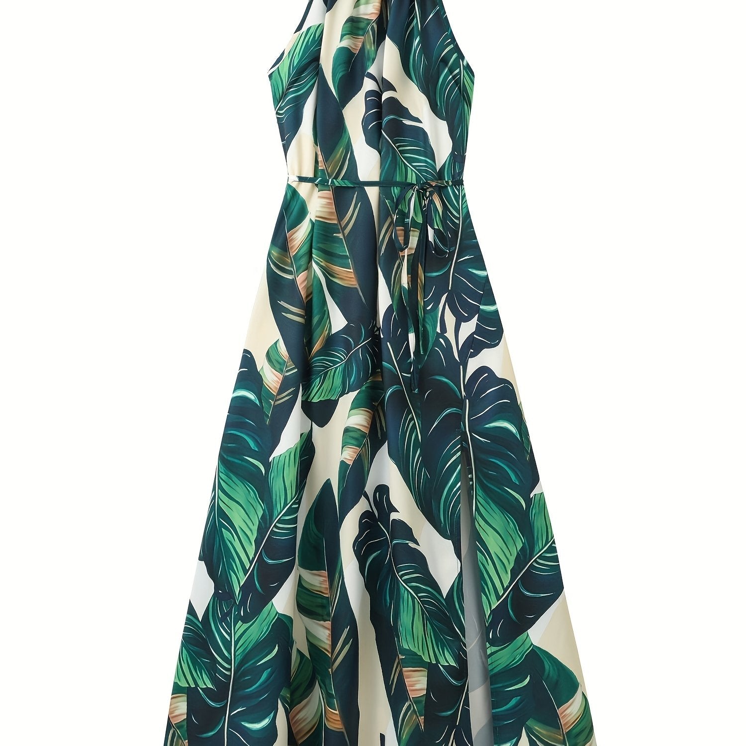 Tropical Print Split Thigh Dress Boho High Waist Crew Neck Sleeveless Summer Dre