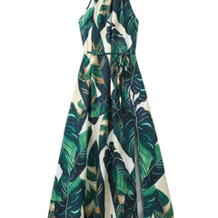 Tropical Print Split Thigh Dress Boho High Waist Crew Neck Sleeveless Summer Dre