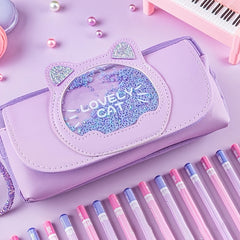 Purple Pencil Case Large Capacity Cat Head Pencil Bag for Girls Student