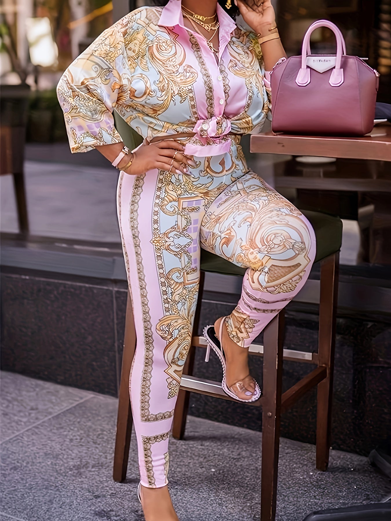 Boho 2 Piece Set: Baroque Print Blouse & Pants