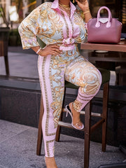 Boho 2 Piece Set: Baroque Print Blouse & Pants