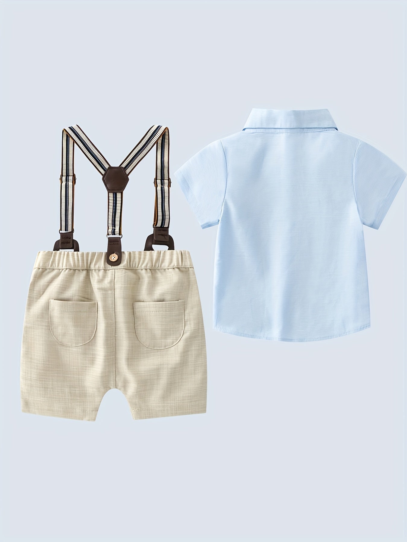 Boys 2 Pc Outfit: Button Down Tee & Suspender Shorts Set
