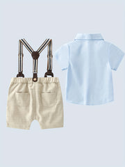 Boys 2 Pc Outfit: Button Down Tee & Suspender Shorts Set