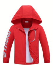 Boys Letter Zip Up Hooded Jacket Raincoat Windbreaker Outerwear Lightweight