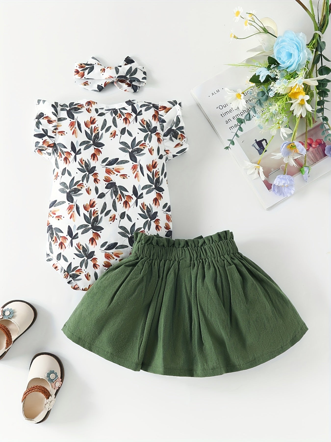 Baby Girl's Casual 3pc Set Leaf Sleeveless Romper Elastic Pants Headscarf
