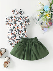 Baby Girl's Casual 3pc Set Leaf Sleeveless Romper Elastic Pants Headscarf