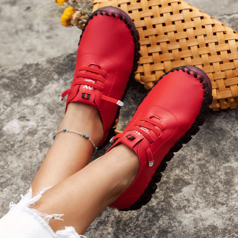 Women's Lace-Up Flat Sneakers Round Toe Faux Leather Casual Walking Shoes