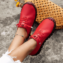 Women's Lace-Up Flat Sneakers Round Toe Faux Leather Casual Walking Shoes