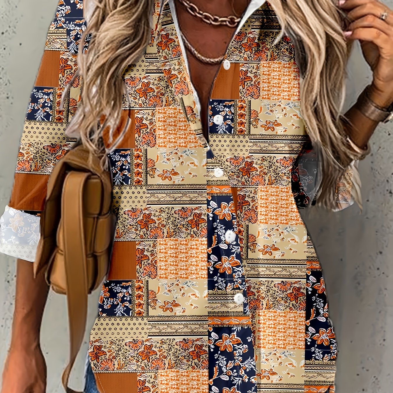 Boho Patchwork Print Button Up Blouse