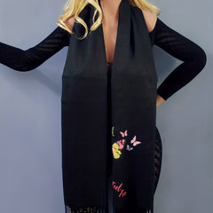 Butterfly & Letter Decor Fringe Trim Scarf Casual Shawl Wrap