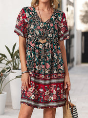 Floral Print V Neck Short Sleeve Dress for Summer
