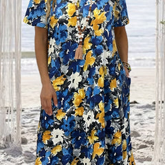 Boho Dress Floral Print Short Sleeve Round Neck Dress With Pockets