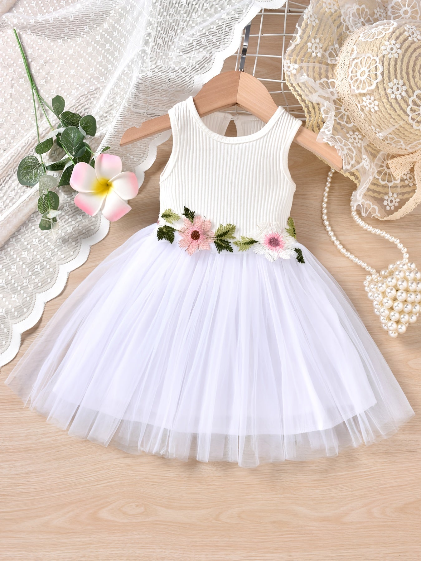 Baby Girls Casual Floral Embroidery Mesh Sleeveless Dress