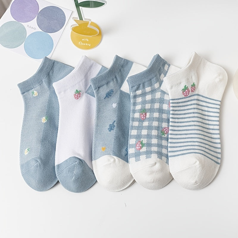 5 Pairs Floral Pattern Ankle Socks Pack Women's Stockings
