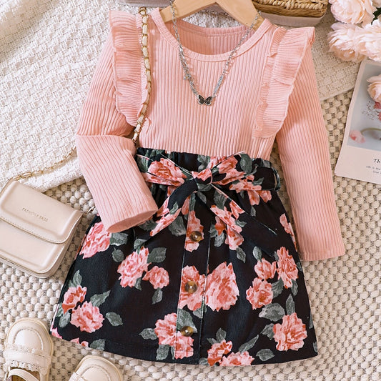 Girl's 2pcs Ribbed Top & Floral Corduroy Skirt Set for Spring Autumn