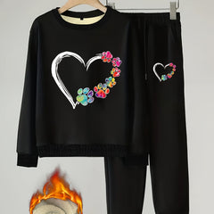 Women's Plus Rainbow Dog Paw & Heart Print Fleece Top & Joggers Set