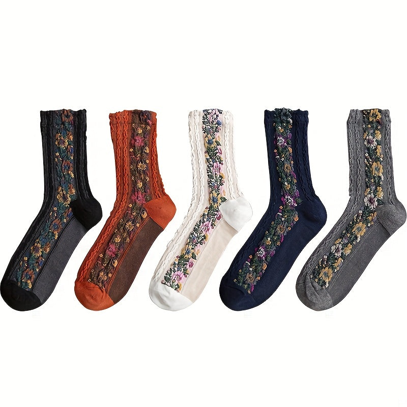 Floral Print Mid Tube Socks Retro Ethnic Style Women's Stockings