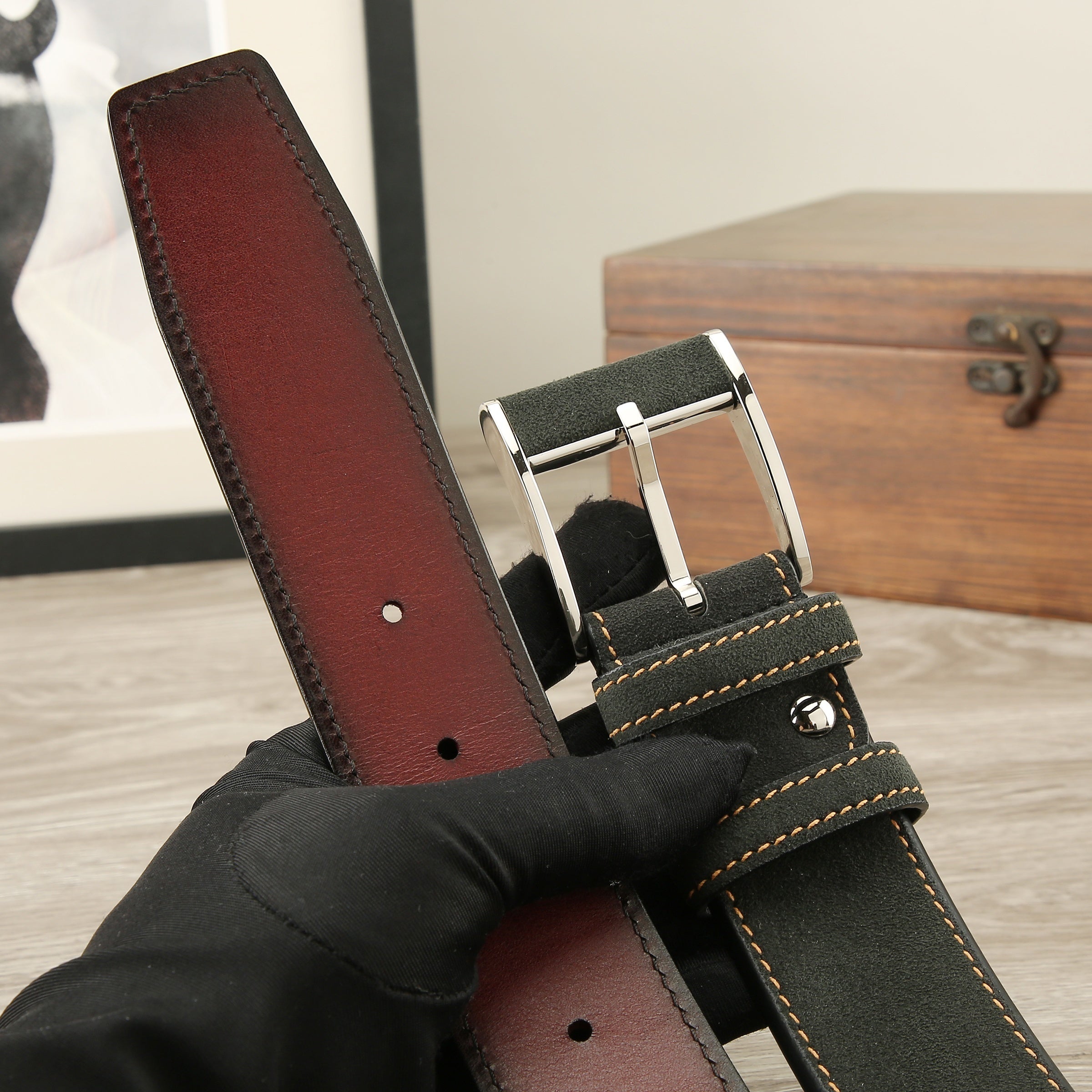 Men's Leather Suede Fabric Belt Pin Buckle 1.5in Wide