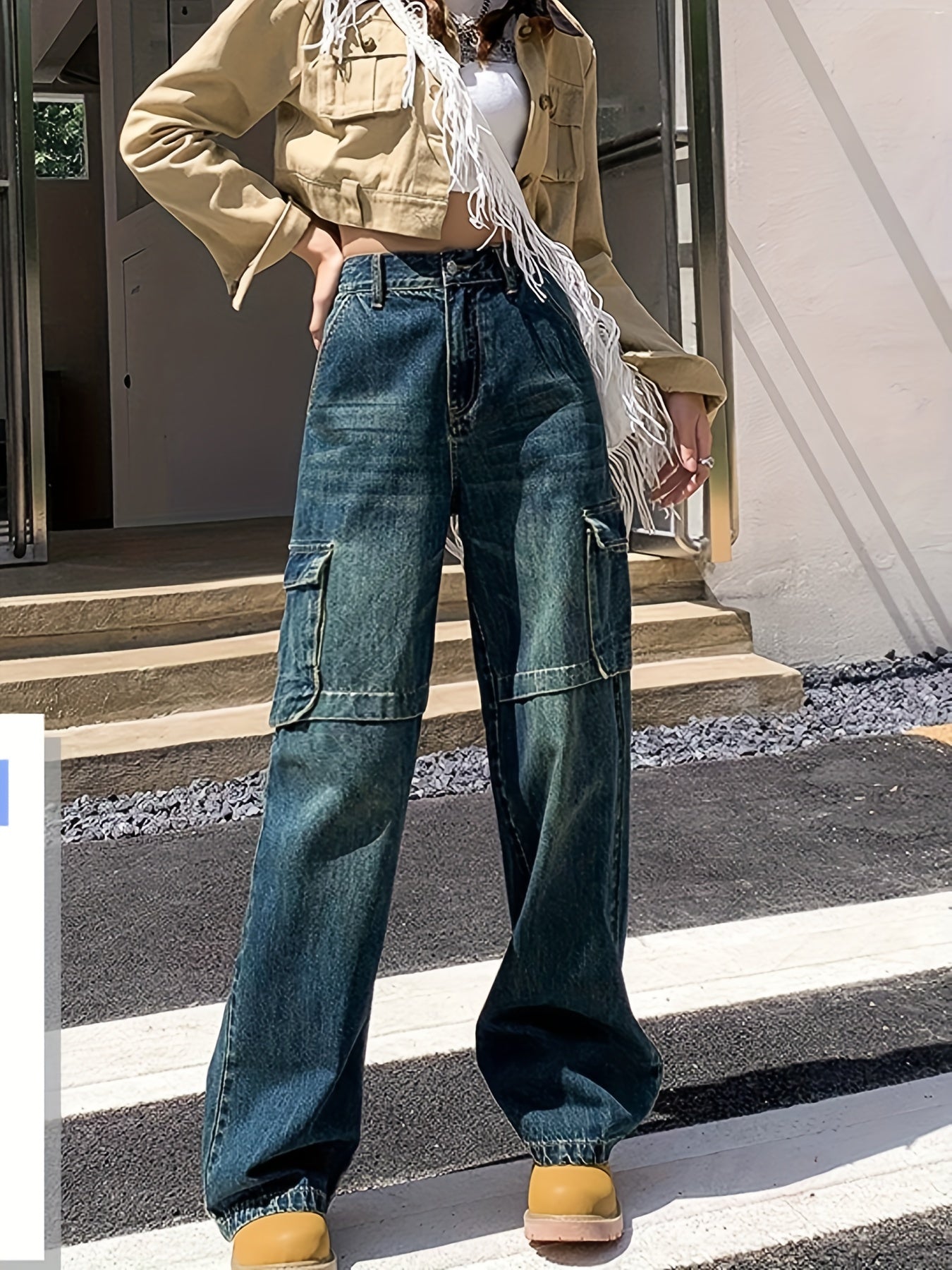Embossed Cargo Jeans Elastic Waist Pop Style Denim Pants