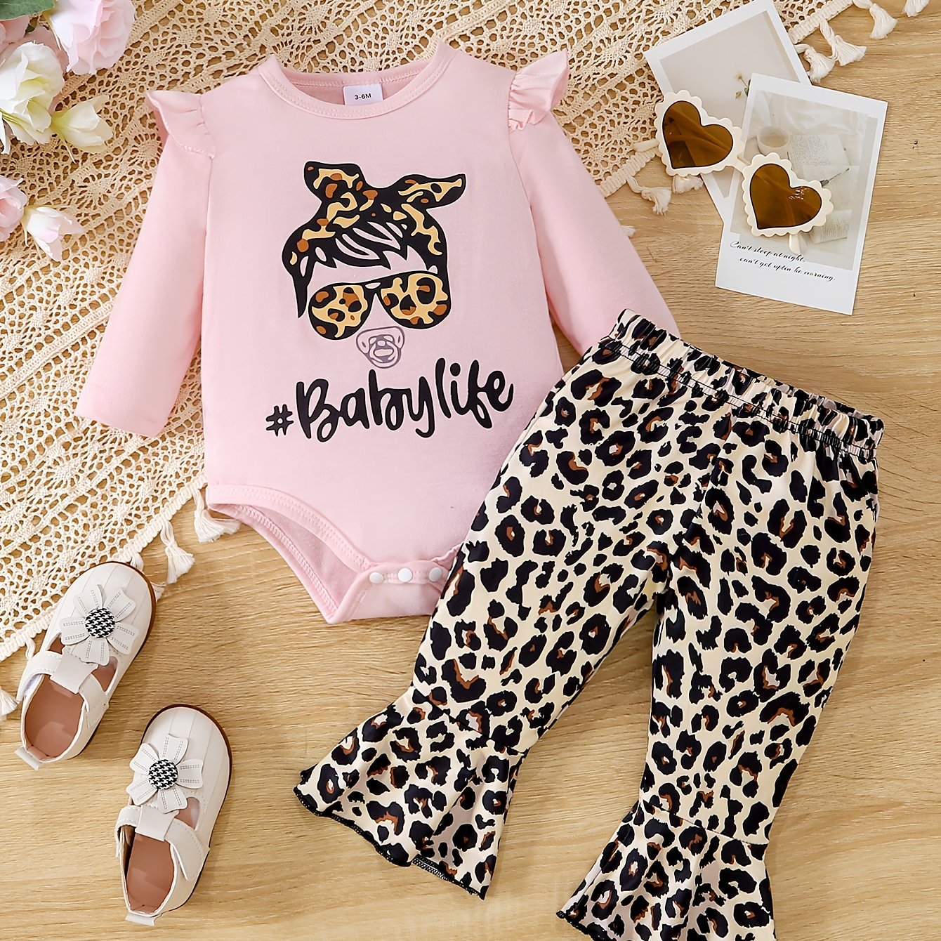 Leopard Letter Print Baby Set Long Sleeve Romper Flare Pants 2pcs